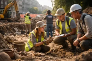 NGO und Archäologen sichern archäologische Funde auf einer städtischen Baustelle