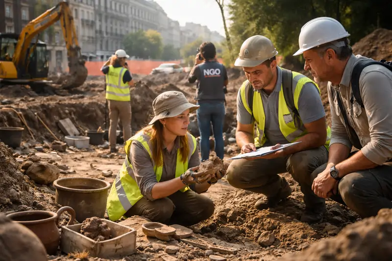 NGO und Archäologen sichern archäologische Funde auf einer städtischen Baustelle
